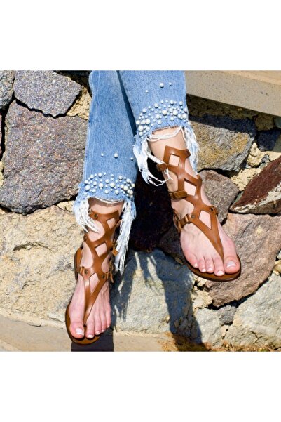 DaphneSandals El Yapımı Hakiki Deri Taba Gladyatör Bodrum Sandaleti - K2025