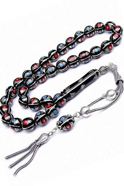 Taşhane Erkek Mavi Kırmızı Firuze Mercan İşlemeli Oltu Tesbih