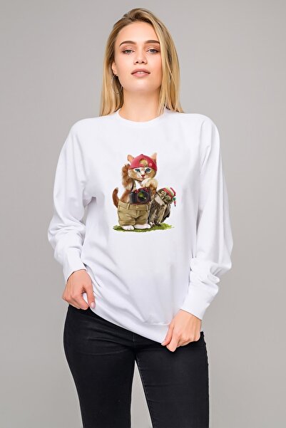 QIVI سترة نسائية محبوكة باللون الأبيض بأكمام طويلة مطبوعة على شكل كاميرا قطة ...