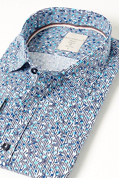 RAVANELLI Μακρυμάνικο πουκάμισο από 100% βαμβακερό τυρκουάζ εμπριμέ