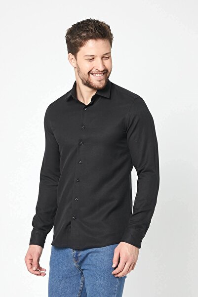 RAVANELLI Cămașă neagră cu mânecă lungă, slim fit
