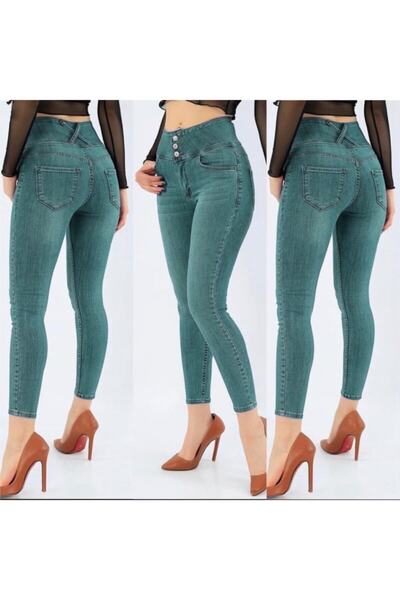 JANES Pantaloni de damă, verzi, cu trei nasturi, talie înaltă, jeans 90 cm