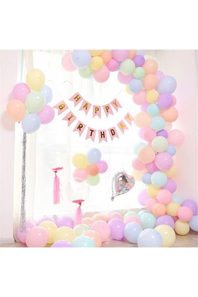 MERİ PARTİ 100 Pieces Macaron Balloon Chain And Pink Gold Banner Heart Foil Balloon Set Macaron Balloon Set