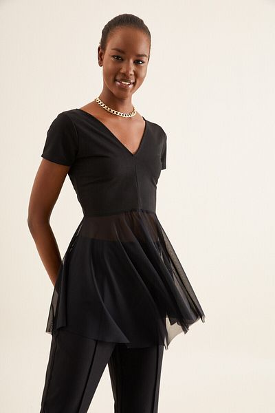 Quincey Women's Black V-Neck Tulle Detail Tunic