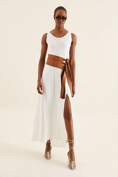 Quincey Women's Ecru Suede Belted Slit Dress