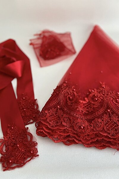 ZEYMERADE Kırmızı Sultan Güpürlü Inci Süslemeli Gelin Duvak Kuşak Eldiven Set...