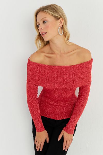 Cool & Sexy Women's Red Glitter Madonna Knitwear Blouse KZ531
