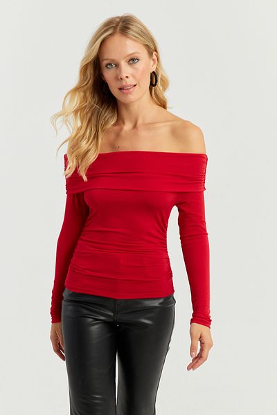 Cool & Sexy Women's Red Gathered Madonna Blouse MON1119