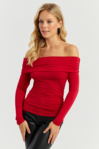 Cool & Sexy Női Red Gathered Madonna blúz MON1119