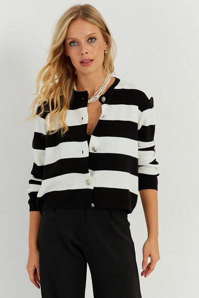 Cool & Sexy Dámský ecru-černý pruhovaný cardigan SMT222