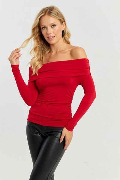 Cool & Sexy Women's Red Gathered Madonna Blouse MON1119