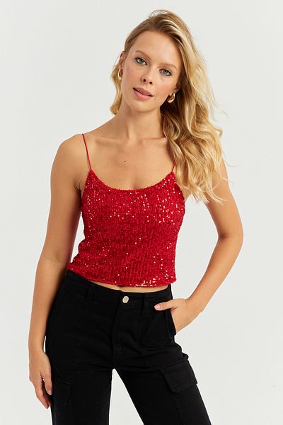 Cool & Sexy Dámská flitrovaná blůza s červeným provazovým páskem BK272124
