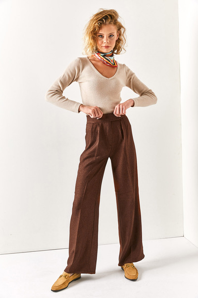 Olalook Γυναικείο χειμερινό παντελόνι καφέ Velcro μέσης ψηλόμεσο PNT-19000241