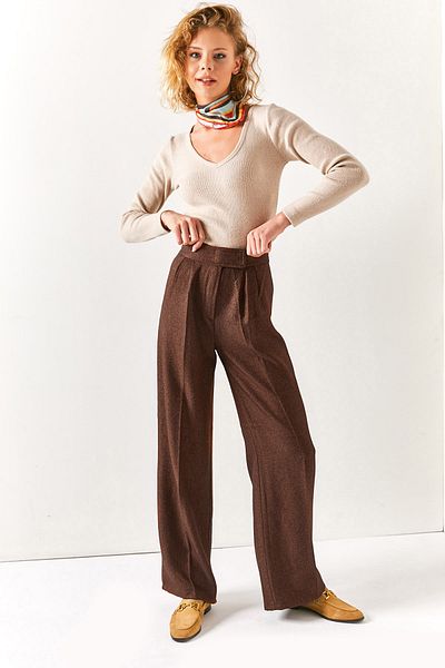 Olalook Braune Damen-Winterhose mit Klettverschluss und hoher Taille, PNT-19000241