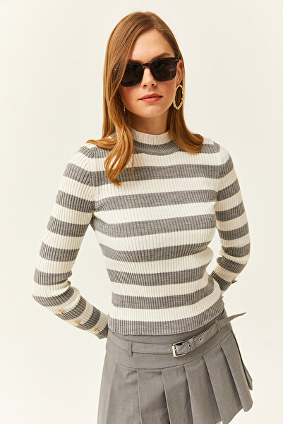 Olalook Women's Gray Striped Sleeves Buttoned Lycra Knitwear Sweater KZK-19000731