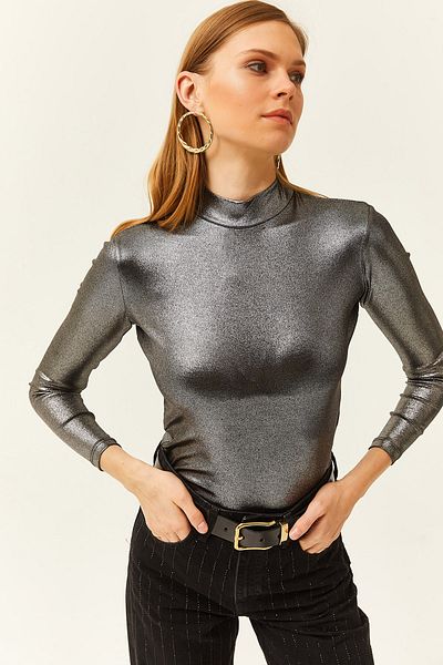 Olalook Dunkelgraue Lycra Metallic Bluse mit Stehkragen für Damen BLZ-19002464