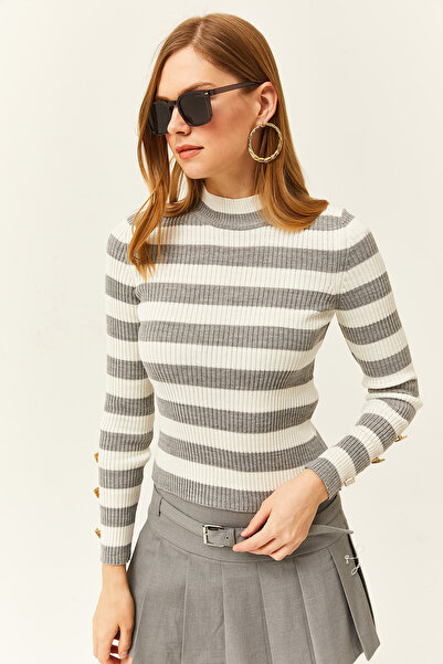 Olalook Women's Gray Striped Sleeves Buttoned Lycra Knitwear Sweater KZK-19000731