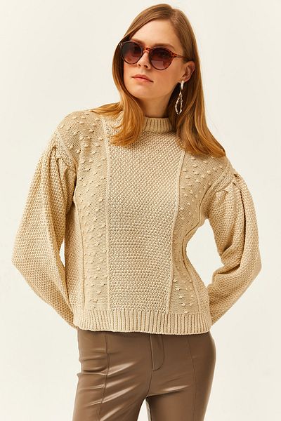 Olalook Damen Strickpullover mit kleinen Pompons in Stein KZK-19000740
