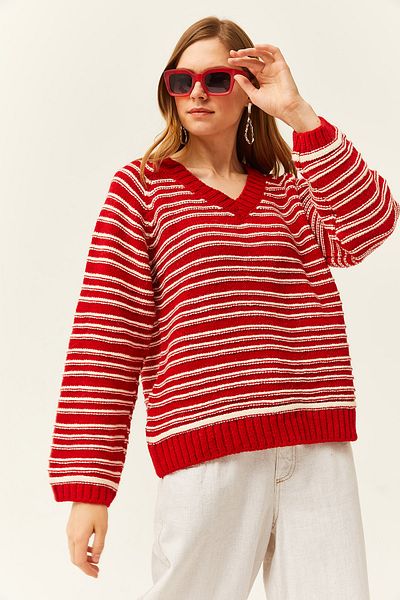 Olalook Women's Red V-Neck Striped Soft Textured Knitwear Sweater KZK-19000739