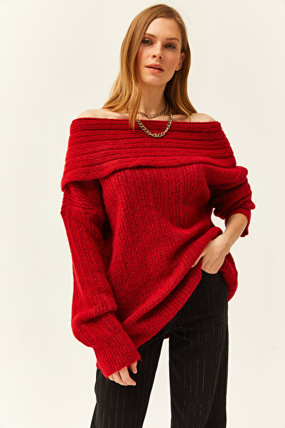 Olalook Női piros Madonna gallérral bordázott bő kötöttáru pulóver KZK-19000732