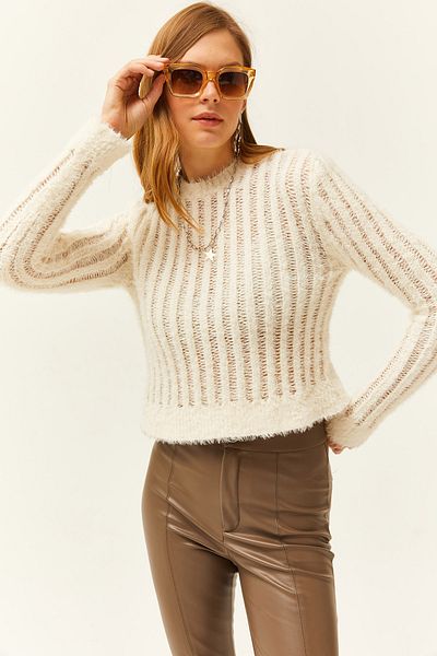 Olalook Women's Ecru Openwork Ribbed Bearded Knitwear Blouse BLZ-19002459