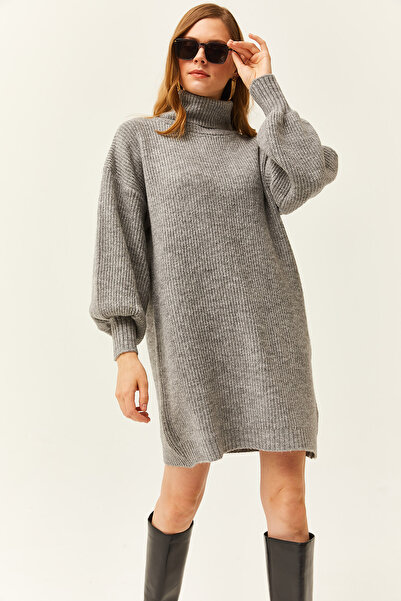 Olalook Dámský šedý rolák s měkkým texturovaným úpletem, tunikové šaty ELB-19001810