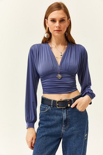 Olalook Γυναικεία Indigo Deep Decollete Μπλούζα Crop με ζωντάνια στη μέση BLZ-19001696