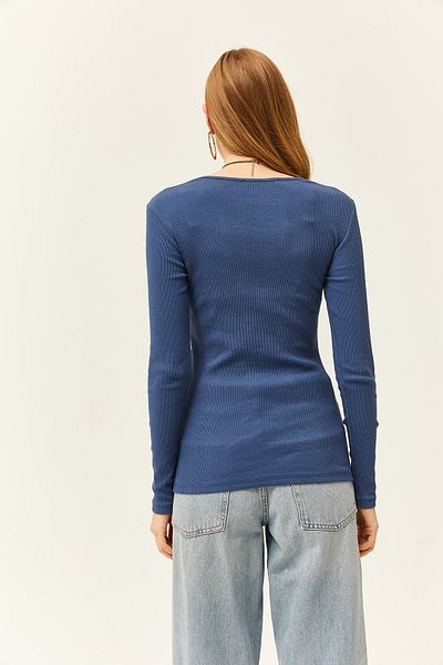 Olalook Bluză tricotată pentru femei, cu guler indigo, cu decolteu în V, BLZ-19001713