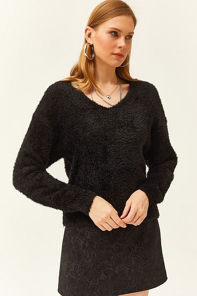 Olalook Women's Black V-Neck Bearded Soft Textured Knitwear Sweater KZK-19000734