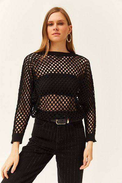Olalook Women's Black Crew Neck Bat Openwork Knitwear Blouse BLZ-19002458