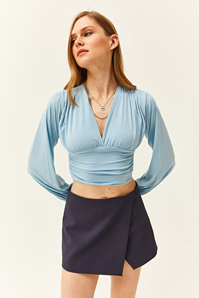 Olalook Γυναικεία Baby Blue βαθύ χαμηλού κοψίματος μέσης μπλούζα Crop BLZ-19001696