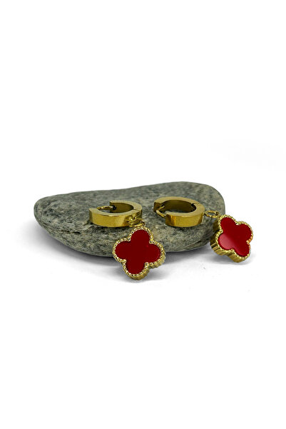 EleganceEssence Yonca Bordo Altın Çelik Küpe