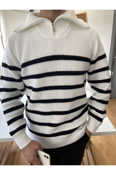 COOL TARZ White-Black Men's Regular Zippered Fishing Knitwear Sweater