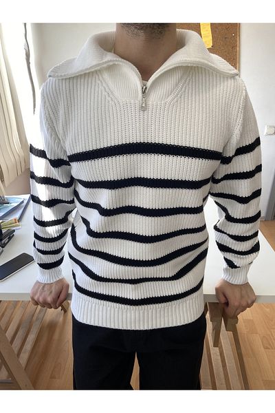 COOL TARZ White-Black Men's Regular Zippered Fishing Knitwear Sweater
