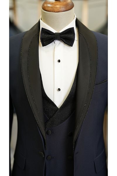 LONATOLİA Men's Tuxedo Groom Suit Glitter Shawl Collar Italian Style Slim Fit Jacket Vest Pants Bow Tie-Navy