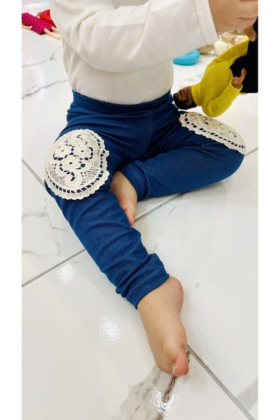 TD Collection Lace/Guipure Detailed Girl's Denim Leggings, 100% Cotton Flexible Fabric