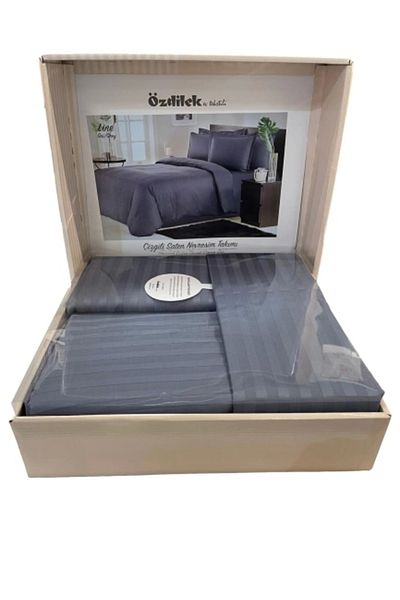 Özdilek Satin Duvet Cover Set Double Striped Line M. Gray Cotton Satin
