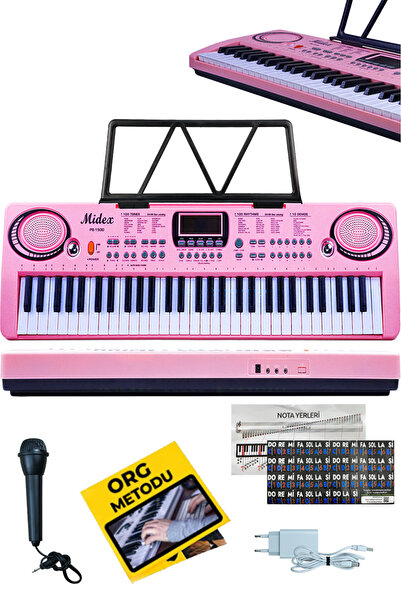 Midex Ps-1500pk başlangıç Için 61 Tuşlu Org Pembe Renk Notalık adaptör Mikrofon Metod