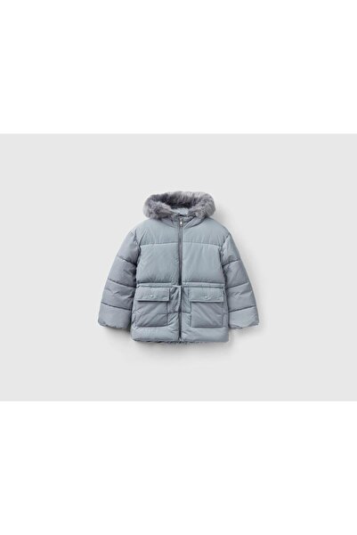 Benetton United Colors of Benetton Kız Çocuk Gri Kürklü Mont BNT-G