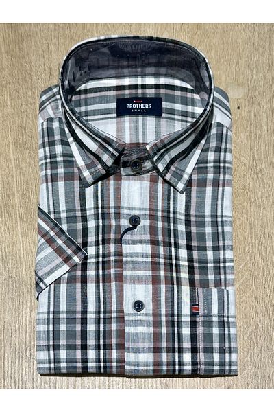 Brothers Ανδρικό πουκάμισο με κοντό μανίκι Comfort Fit καφέ καρό βαμβακερό με τσέπες