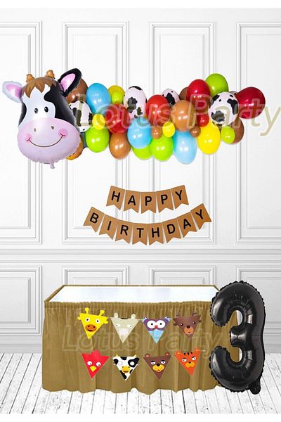 LOTUS PARTY Σετ πάρτι με μπαλόνι με θέμα 3 ετών Farm Animals Cow Foil Balloon Κόκκινο Πράσινο Κίτρινο Μπλε Μπαλόνι καφέ