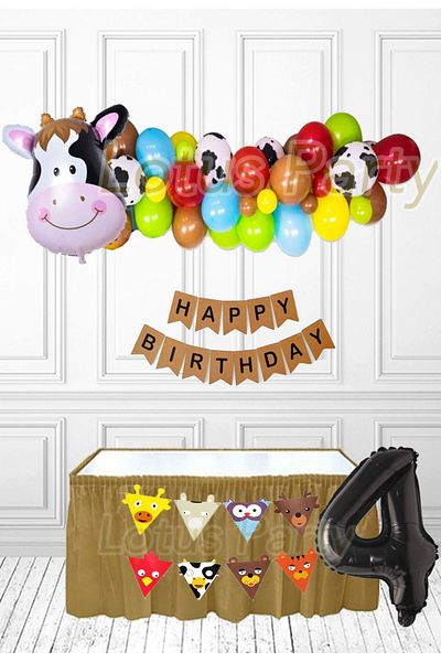 LOTUS PARTY Σετ πάρτι με μπαλόνι με θέμα 4 ετών Farm Animals Cow Foil Balloon Κόκκινο Πράσινο Κίτρινο Μπλε Μπαλόνι καφέ