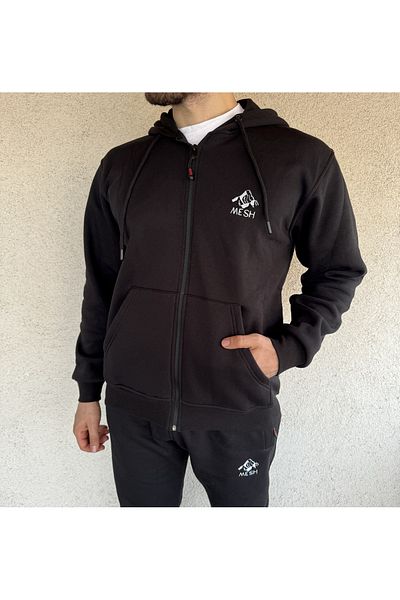 Mesh Men's Embroidered Zippered Black Tracksuit Set, Cotton Thick Fleece Winter Bottom-Top Sweatshirt