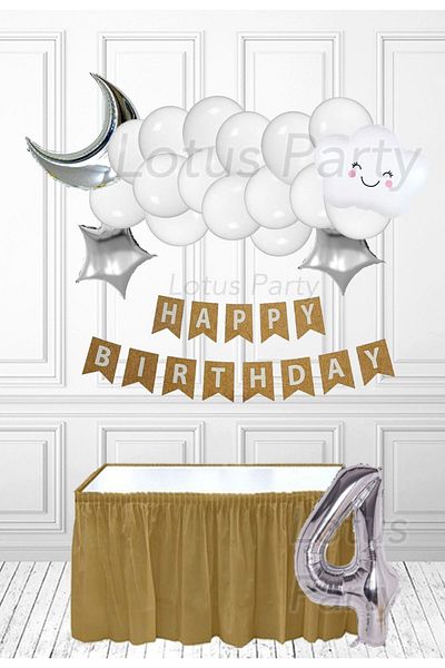 LOTUS PARTY Σετ Πάρτι 4 Ετών - Λευκή Νε cloud με Ασημένιο Φεγγάρι και Ασημένια Άστρο Λευκό Μπαλόνι