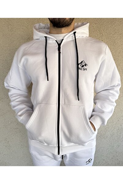 Mesh Men's Embroidered Zippered White Tracksuit Set, Cotton Thick Fleece Winter Bottom-Top Sweatshirt