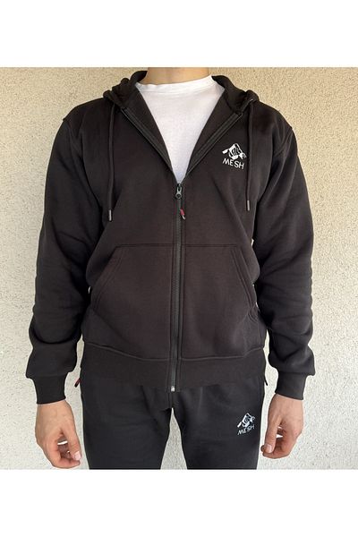 Mesh Men's Embroidered Zippered Black Tracksuit Set, Cotton Thick Fleece Winter Bottom-Top Sweatshirt