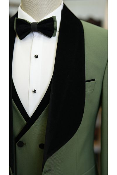 LONATOLİA Men's Tuxedo Groom Suit Wide Shawl Collar Italian Style Slim Fit Jacket Vest Pants Bow Tie-Green