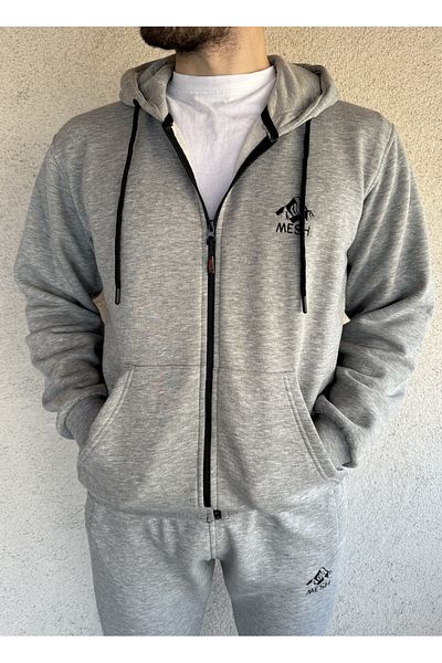 Mesh Men's Embroidered Zippered Gray Tracksuit Set, Cotton Thick Fleece Winter Bottom-Top Sweatshirt
