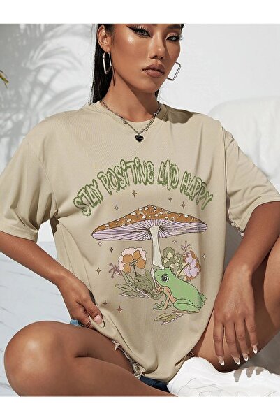 Adrift Ženska bež majica "Budite pozitivni i srećni" Štampano Oversize kroj o...