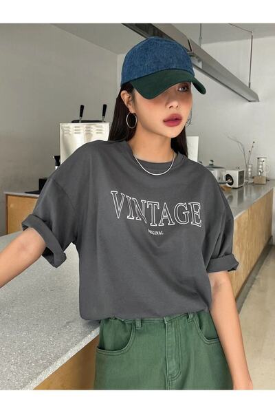 Adrift Ženska antracit oversize majica sa vintage štampom, okruglog izreza